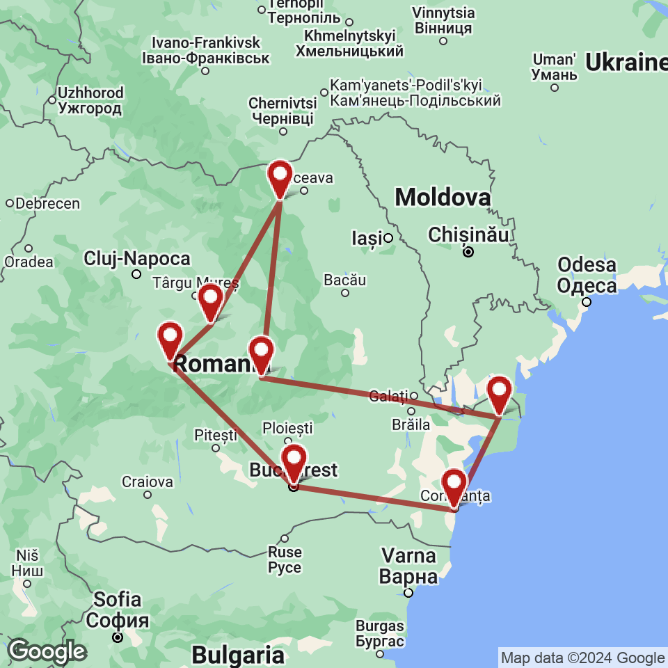 Route for Bucharest, Constanta, Danube Delta, Brasov, Gura Humorului, Sighisoara, Sibiu, Bucharest tour